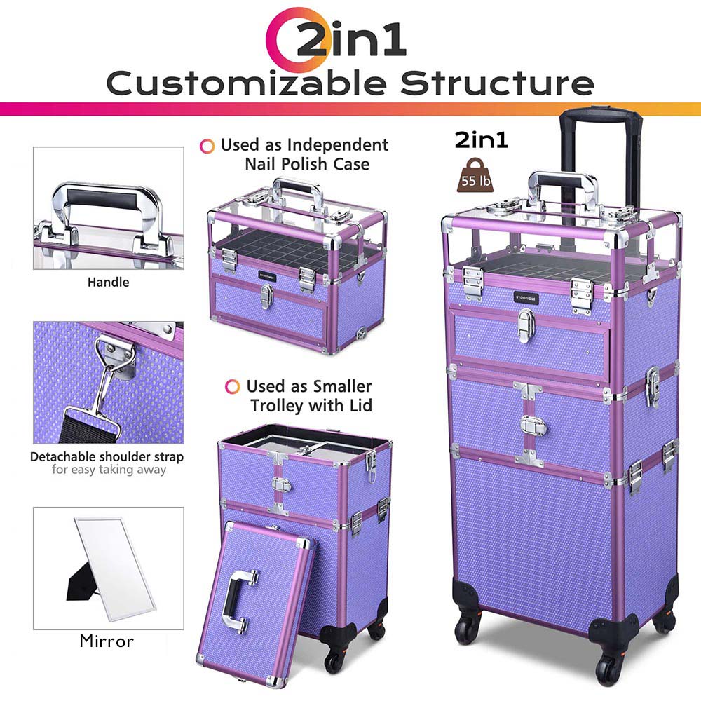 MassLux 2in1 Customizable Structure Rolling Lockable Travel Case- Shiny Purple